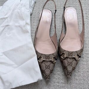 Gucci Beige Monogram Slingback Flats